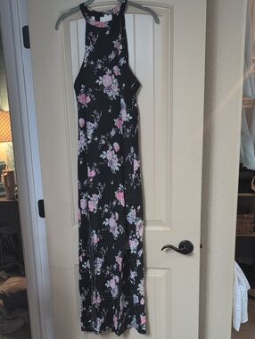Reverse Black Floral Halter Maxi Dress with Pink Roses